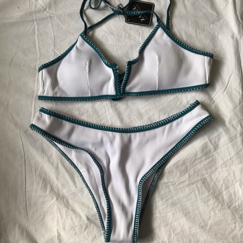 white and blue trim bikini set
